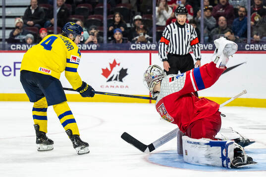 Goaltender Michael Hrabal of Czech Republic makes a save