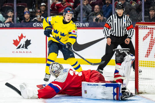 Goaltender Michael Hrabal of Czech Republic makes a save