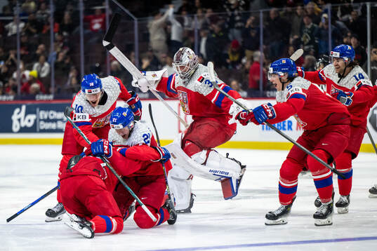 Eduard Sale, Adam Jecho, Jakub Stancl, goaltender Michael