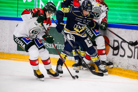 Frölundas Mikael Ruohomaa  och HV71s Andre Petersson