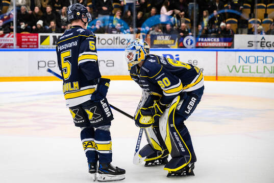 HV71s målvakt Hugo Alnefelt och Victor Sjöholm  deppar