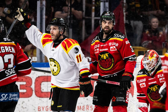 Brynäs Jordan Schroeder jublar och Luleås Frederic Allard