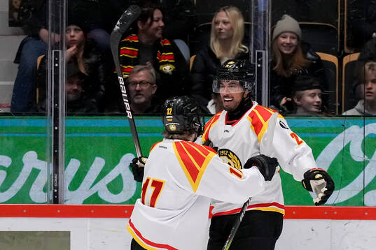 Brynäs målvakt Ludvig Persson och Tyler Vesel jublar