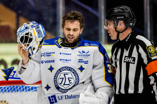 Leksands målvakt Jakob Hellsten och Domare Tobias Björk