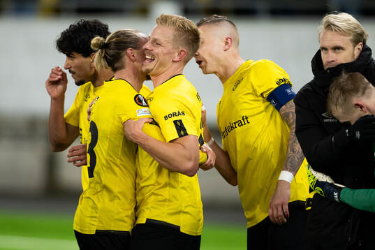 Niklas Hult and Per Frick of Elfsborg celebrate