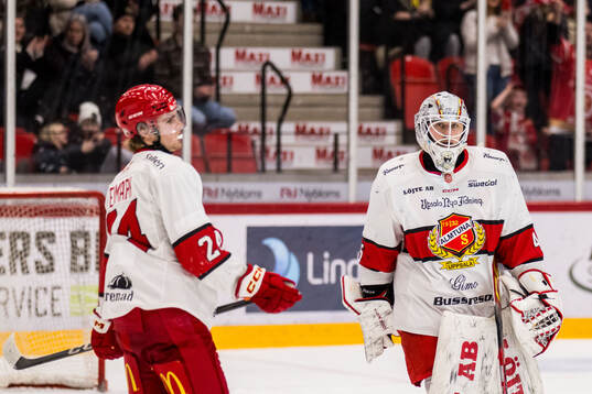 Almtunas Elliot Ekmark och målvakt Edvin Olofsson deppar