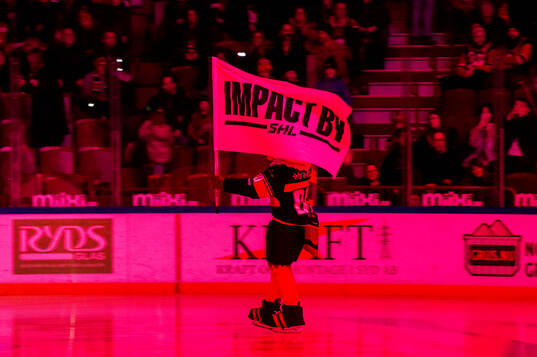 Malmö Redhawks maskot Hawkan med en Impact by SHL-flagga