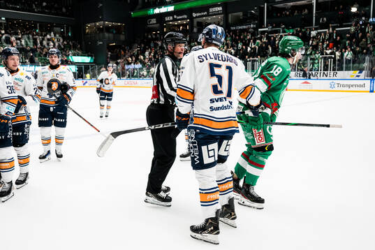 Linjedomare Ludvig Lundgren och Växjös Emil Sylvegård