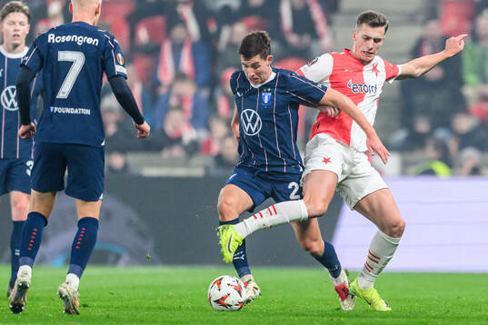 Lasse Berg Johnsen of Malmö FF and Daniel Fila of Slavia