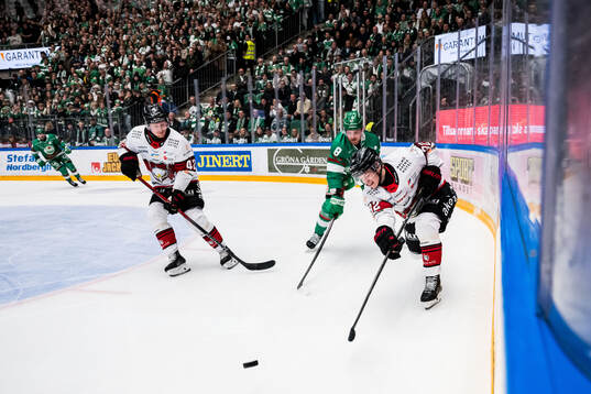 Rögles Linus Sandin och Malmö Redhawks Robin Salo och