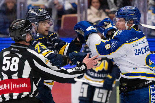 HV71s Radan Lenc och Leksands Patrik Zackrisson fightas