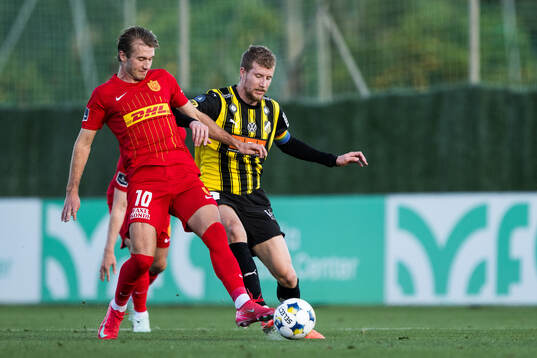 Benjamin Nygren of FC Nordsjälland and Simon Gustafson of