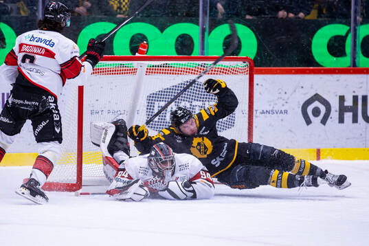Malmö Redhawks målvakt Marek Langhamer blir pååkt av