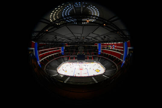 Interior view of Avicii Arena at a press event for the 2025