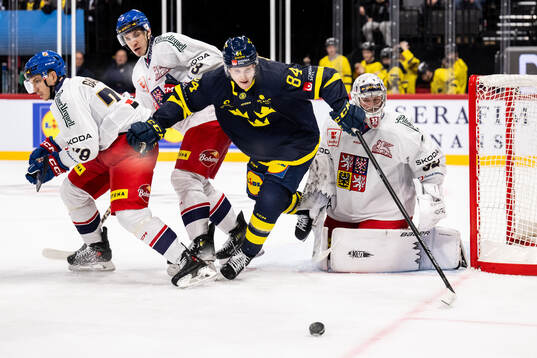 Sebastian Hartmann of Sweden and goaltender Josef Korenar