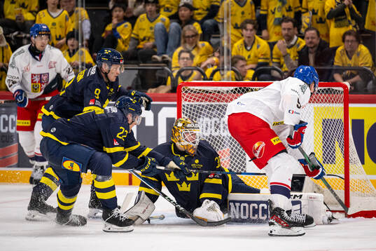 Gabriel Carlsson, Fredrik Olofsson and goaltender Linus