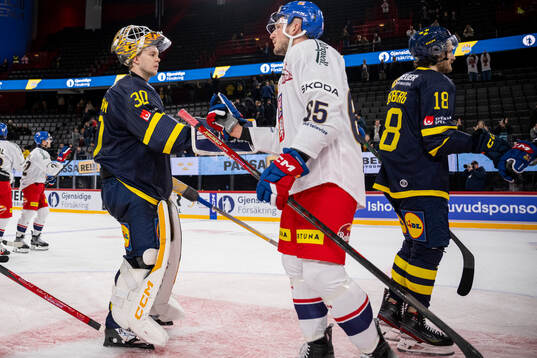 Goaltender Linus Söderström and Dennis Everberg of Sweden