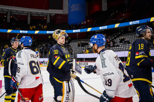 Fredrik Olofsson, goaltender Linus Söderström and Dennis