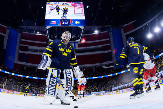 Goaltender Linus Söderström of Sweden looks dejected