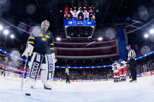 Goaltender Linus Söderström of Sweden looks dejected