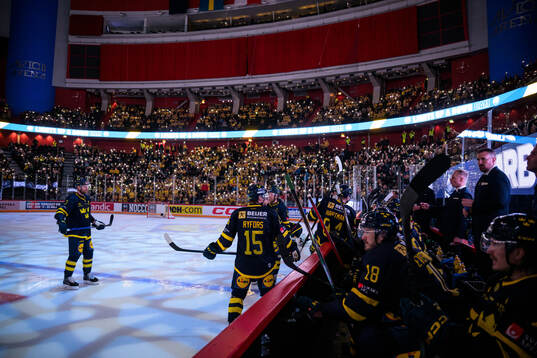 Swedish players in front of spectators illuminating the
