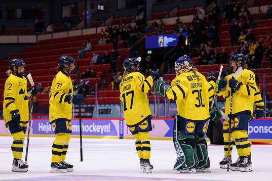 Players of Sweden celebrate with goalkeeper Emma Söderberg