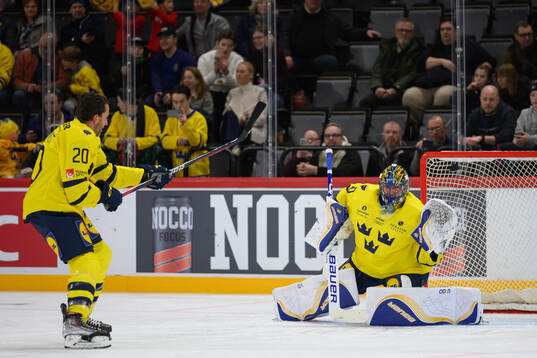 Joel Lundqvist and goaltender Henrik Lundqvist of Tre