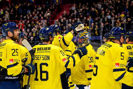 Players of Tre Kronor Legends celebrate with goaltender