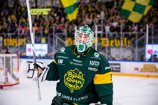 Björklövens målvakt Melker Thelin jublar