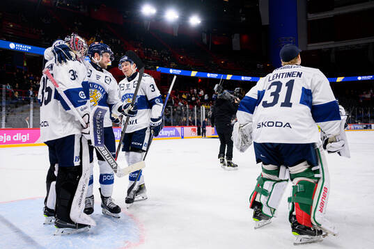 Goalkeeper Oskari Salminen of Finland celebrates with