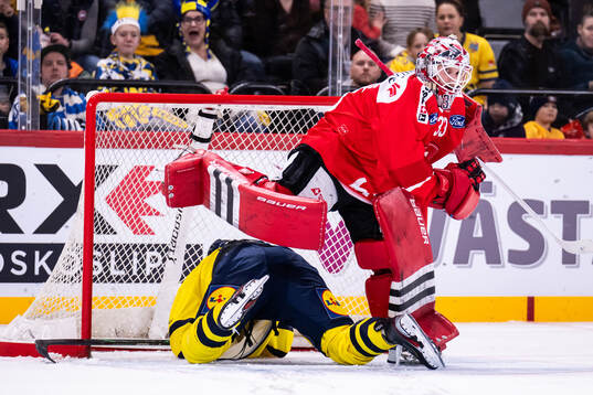 Dennis Everberg of Sweden and goaltender Kevin Pasche of