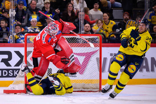 Goaltender Kevin Pasche of Switzerland and Dennis Everberg