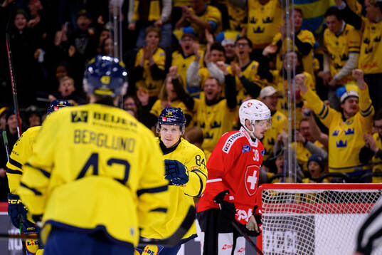 Sebastian Hartmann and Filip Berglund of Sweden celebrate
