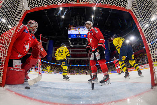 Goaltender Kevin Pasche and Lukas Frick of Switzerland look