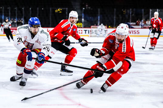 Michal Kunc of Czech Republic and David Aebischer of