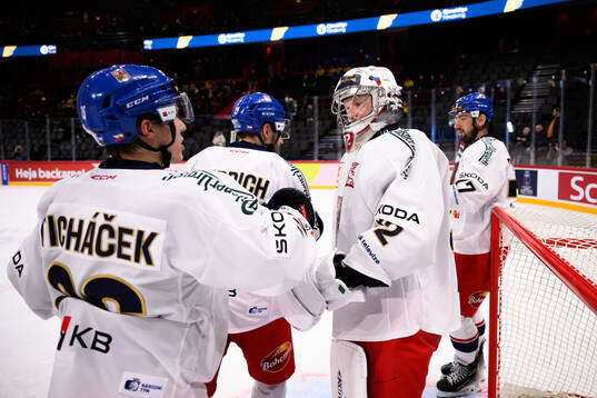 Goaltender Josef Korenar of Czech Republic celebrates