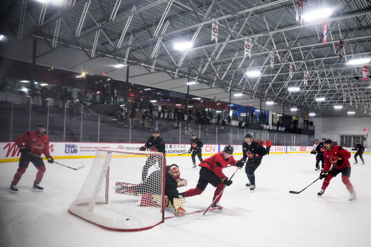 Goalkeeper Adin Hill and Mitch Marner of Canada at a