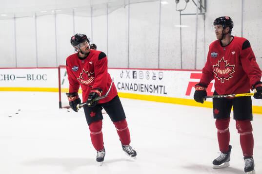 Sidney Crosby and Connor McDavid of Canada at a practice