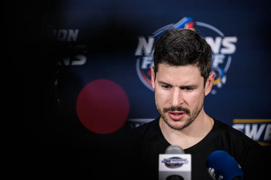 Sidney Crosby of Canada is being interviewed by media