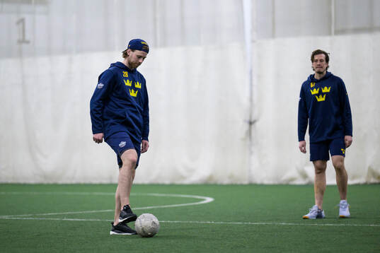 Elias Lindholm and Rickard Rakell of Sweden playing football