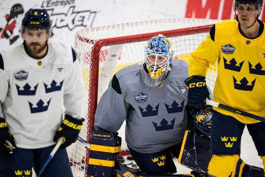 Goalkeeper Linus Ullmark of Sweden at a practice session