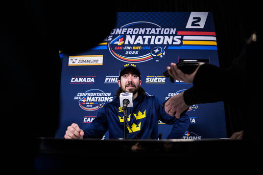 Mika Zibanejad of Sweden being interviewed by media