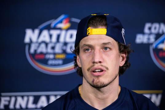 Rickard Rakell of Sweden being interviewed by media