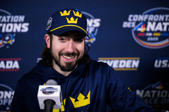 Mika Zibanejad of Sweden being interviewed by media