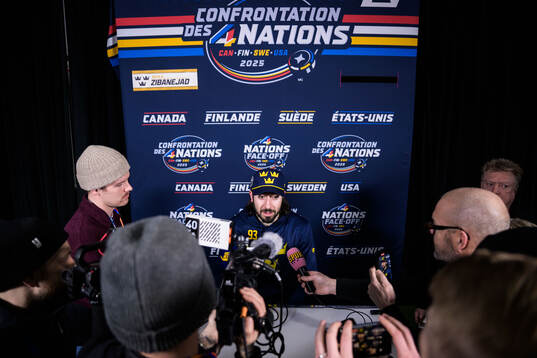 Mika Zibanejad of Sweden being interviewed by media