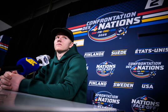 Rasmus Dahlin of Sweden being interviewed by media