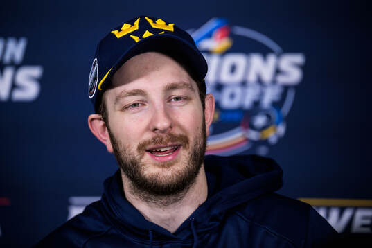 Goalkeeper Linus Ullmark of Sweden being interviewed by