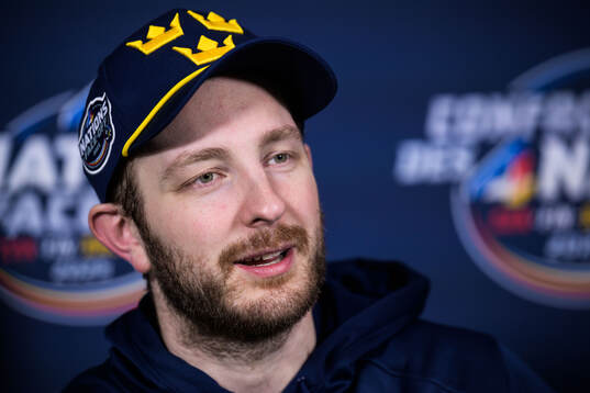 Goalkeeper Linus Ullmark of Sweden being interviewed by