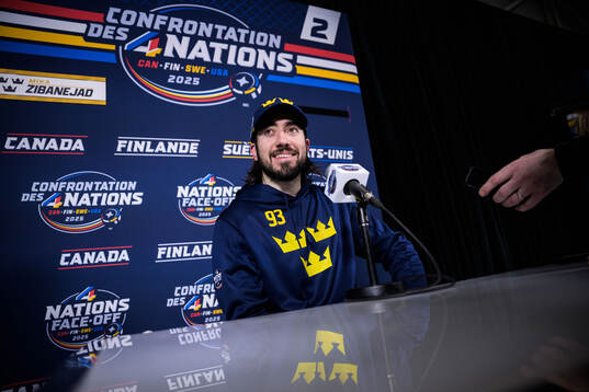Mika Zibanejad of Sweden being interviewed by media