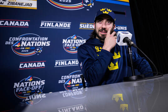 Mika Zibanejad of Sweden being interviewed by media